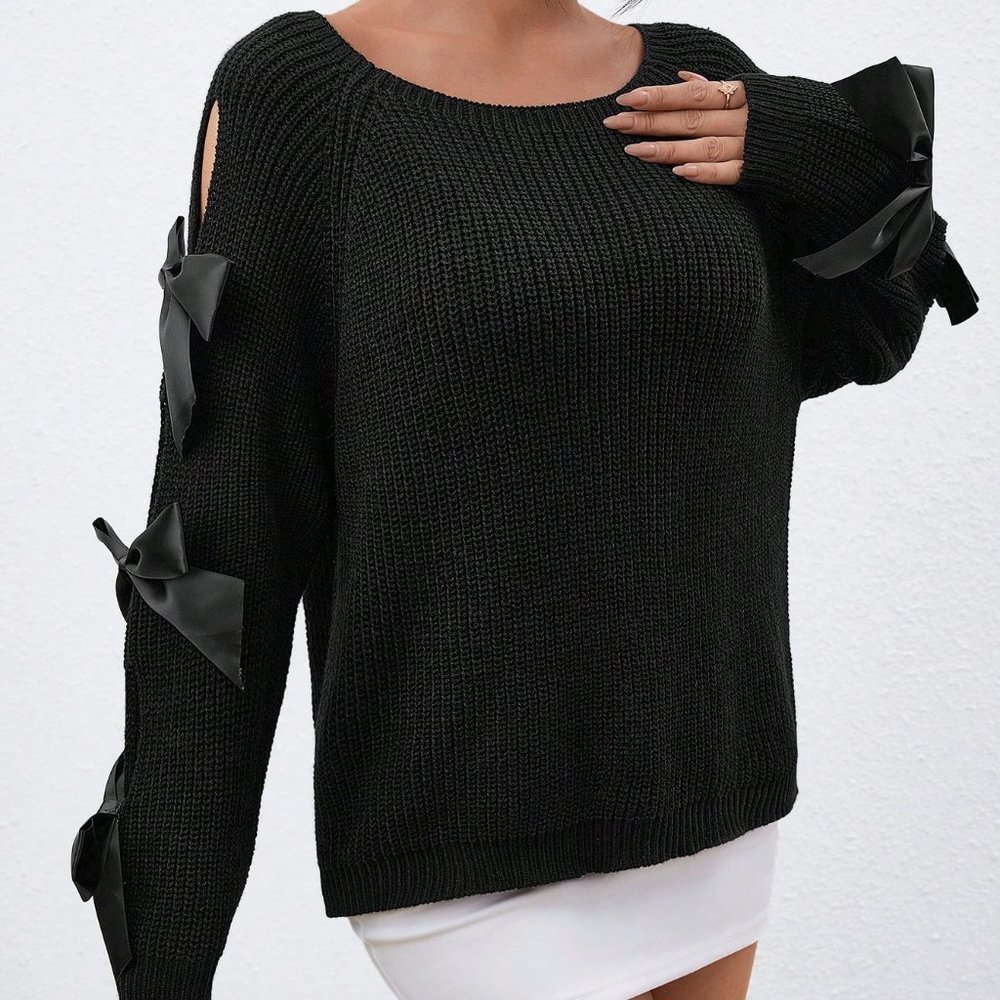 Black Preppy Womens Bow Detail Cut Out Raglan Sleeve Sweater - Picture 5 of 5